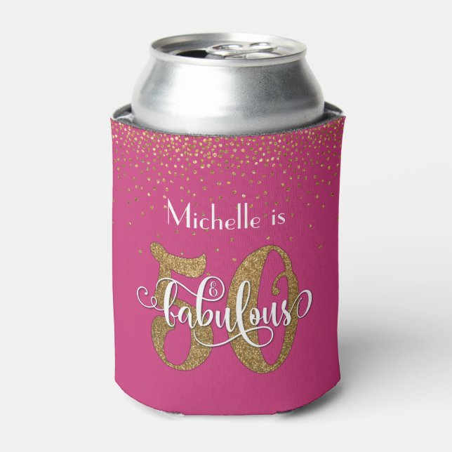 Gold Glitter 50 & Fabulous Typography Birthday Can Cooler (Can Front)