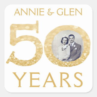 Gold Glitter 50th Anniversary Photo Template Square Sticker