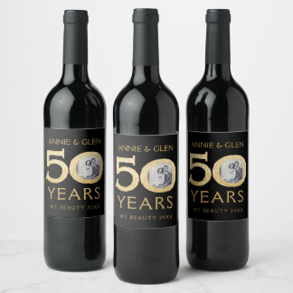 Gold Glitter 50th Anniversary Photo Template Wine  Wine Label