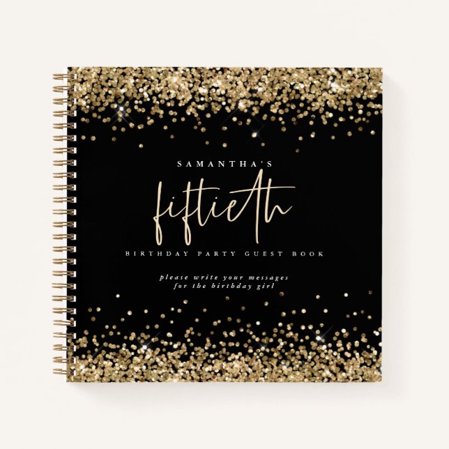 Gold Glitter 50th Birthday Black Guest Book (Front)