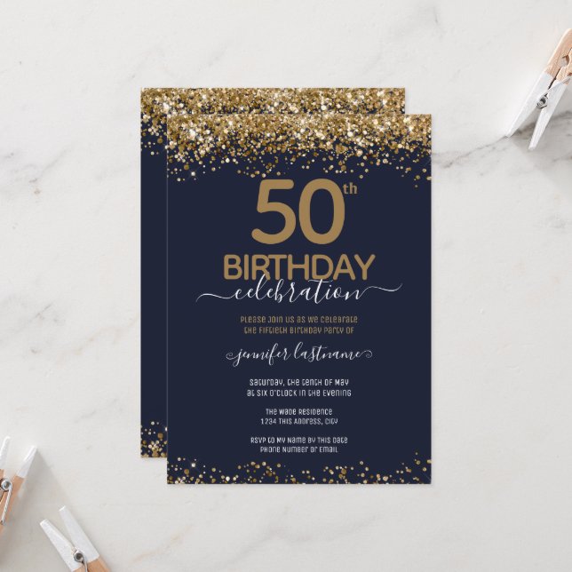 Gold Glitter 50th Birthday Party Invitation (Front/Back In Situ)