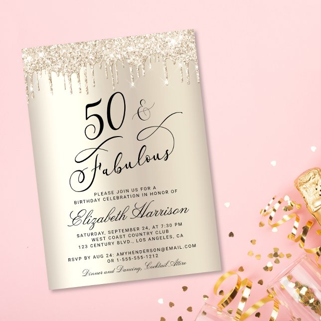 Gold Glitter 50th Birthday Party Invitation (Celebrate her 50 years of sparkle with an elegant gold glitter birthday party invitation  🎉 🎂 🥂)