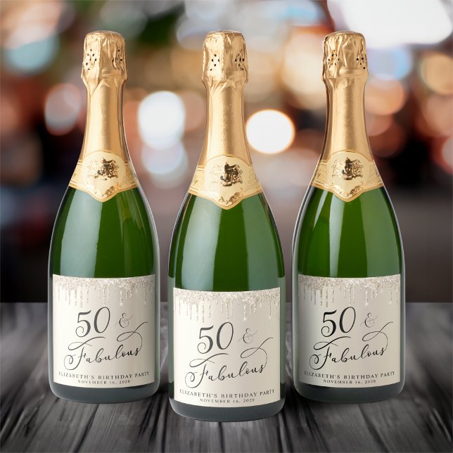 Gold Glitter 50th Birthday Party Sparkling Wine Label (Creator Uploaded)