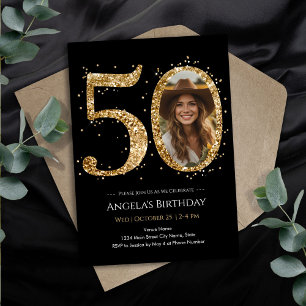 Gold Glitter 50th Birthday Photo Invitation