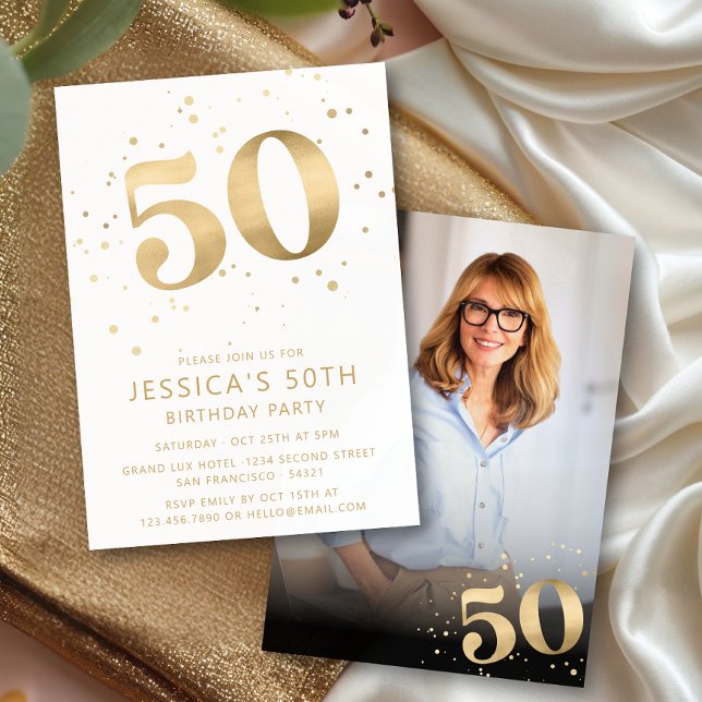 Gold Glitter 50th Fifty Birthday Photo Invitation (Creator Uploaded)