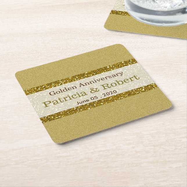 Gold Glitter 50th Golden Wedding Anniversary Square Paper Coaster (Angled)