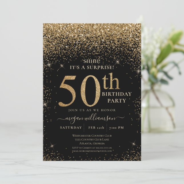 Gold Glitter 50th Surprise Birthday Party Black Invitation (Standing Front)