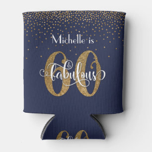 Gold Glitter 60 & Fabulous Navy Blue Birthday Can Cooler