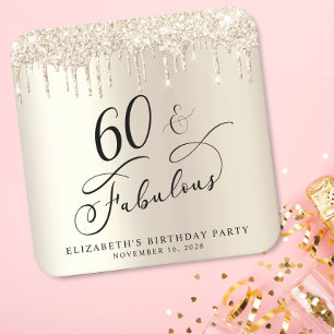 Gold Glitter 60th Birthday Party Square Paper Coaster