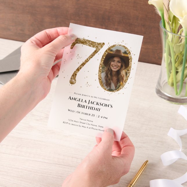 Gold Glitter 70th Adult Birthday Photo Vellum Invitations (Handheld)