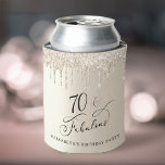 Gold Glitter 70th Birthday Party Can Cooler<br><div class="desc">Elegant and chic personalised 70th birthday party can coolers featuring "70 & Fabulous" in a stylish script against a gold background with gold faux glitter dripping from the top. Personalise with her name.</div>