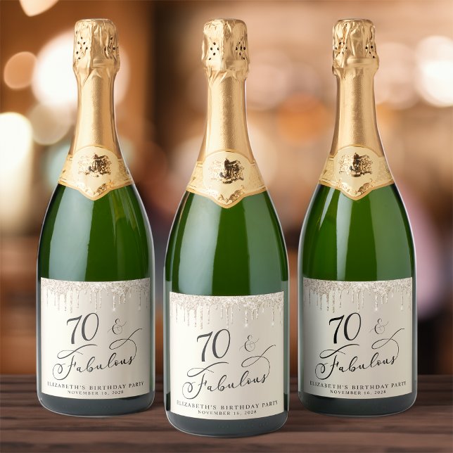 Gold Glitter 70th Birthday Party Sparkling Wine Label (Creator Uploaded)