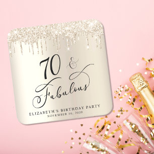 Gold Glitter 70th Birthday Party Square Paper Coaster