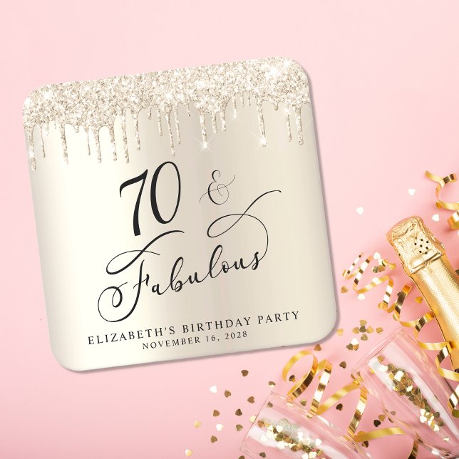 Gold Glitter 70th Birthday Party Square Paper Coaster (Creator Uploaded)