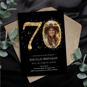 Gold Glitter 70th Birthday Photo Invitation