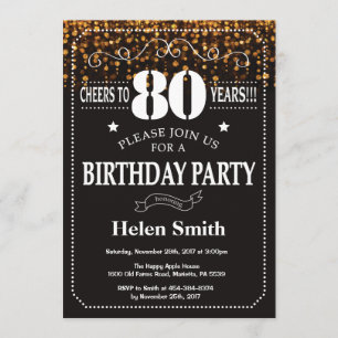 Gold Glitter 80th Birthday Invitation