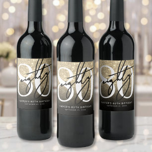 Gold Glitter 80th Birthday Party Wine Label
