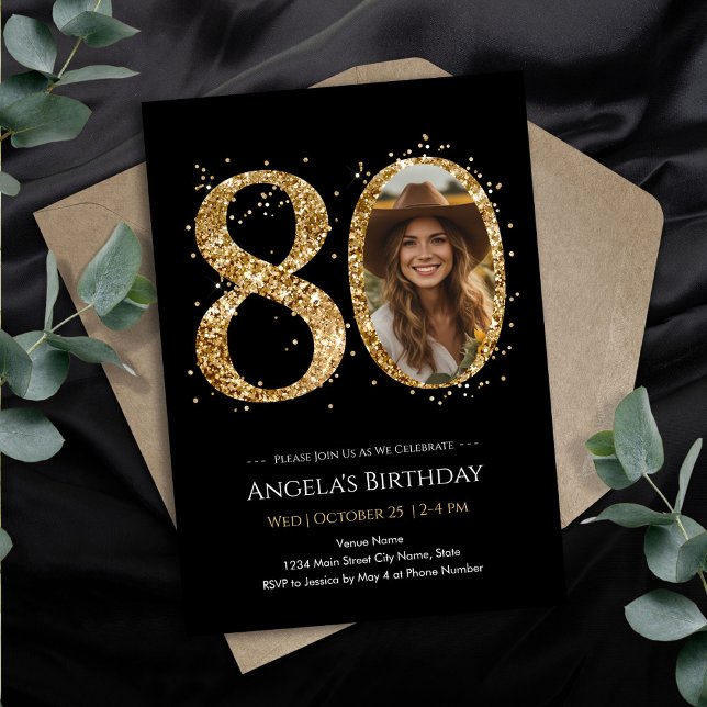 Gold Glitter 80th Birthday Photo Invitation (Creator Uploaded)