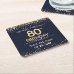 Gold Glitter 80th Birthday Save the Date Square Paper Coaster<br><div class="desc">Elegant Faux gold glitter with shimmering confetti highlights on the top and bottom border. All text is adjustable and easy to change for your own party needs. Great elegant 80th birthday template design. Save the date coasters reminder.</div>