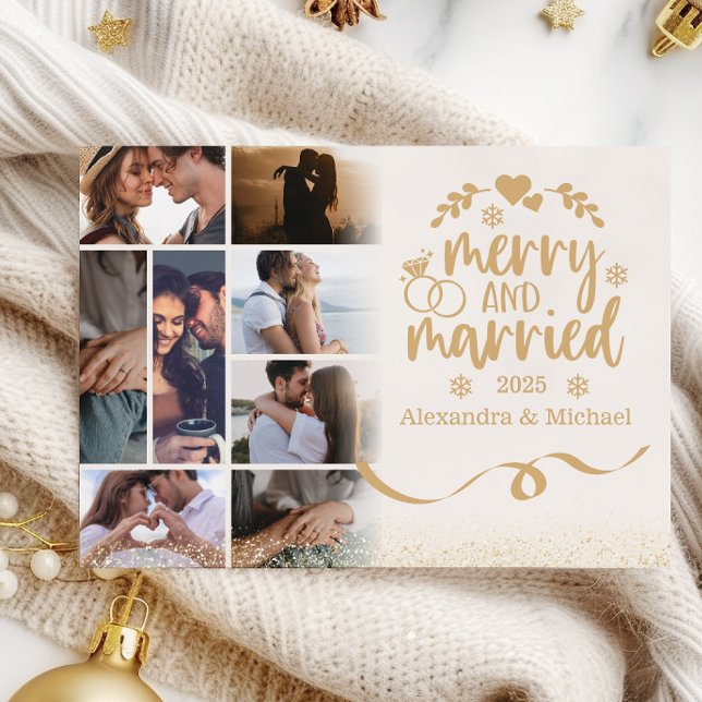 Gold Glitter 8 Photo Merry & Married Holiday Card (Creator Uploaded)