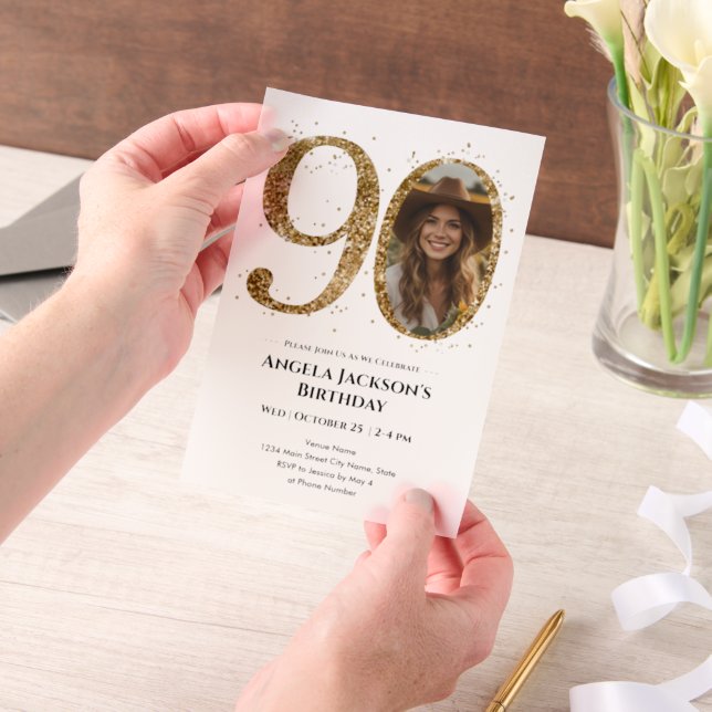 Gold Glitter 90th Adult Birthday Photo Vellum Invitations (Handheld)