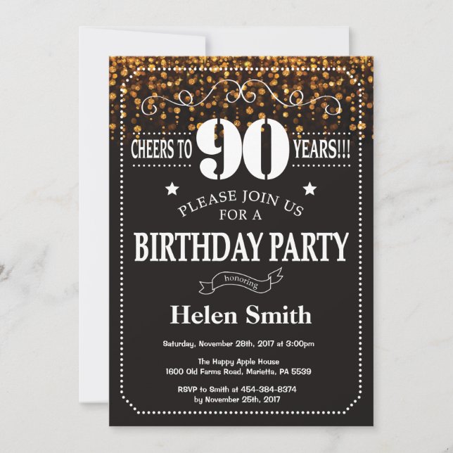 Gold Glitter 90th Birthday Invitation (Front)