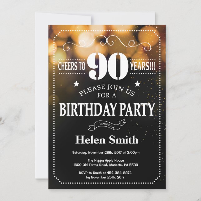 Gold Glitter 90th Birthday Invitation (Front)