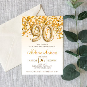 Gold Glitter 90th Birthday Party Invitation