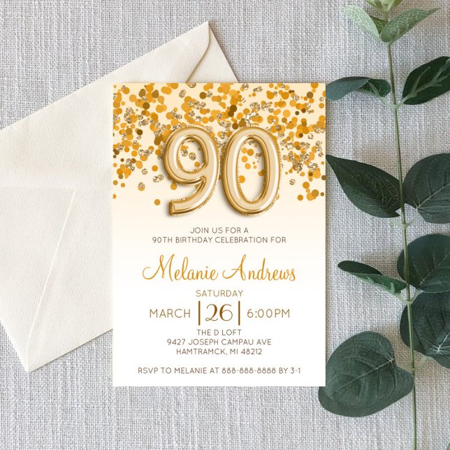 Gold Glitter 90th Birthday Party Invitation (Creator Uploaded)