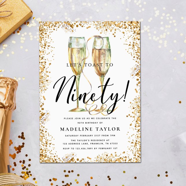 Gold Glitter 90th Birthday Party Invitation (Creator Uploaded)