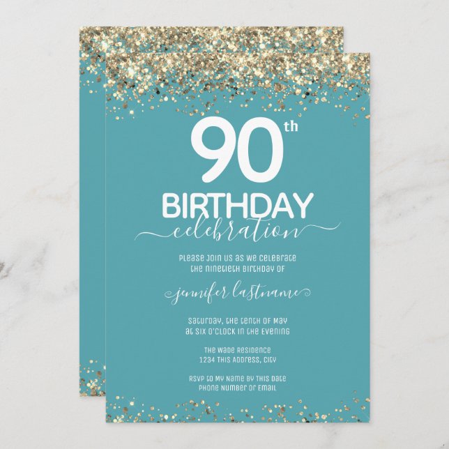 Gold Glitter 90th Birthday Party Invitation (Front/Back)