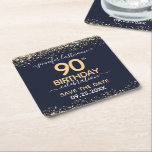 Gold Glitter 90th Birthday Save the Date Square Paper Coaster<br><div class="desc">Elegant Faux gold glitter with shimmering confetti highlights on the top and bottom border. All text is adjustable and easy to change for your own party needs. Great elegant 90th birthday template design. Save the date drink coasters reminder.</div>