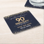 Gold Glitter 90th Birthday Save the Date Square Paper Coaster<br><div class="desc">Elegant Faux gold glitter with shimmering confetti highlights on the top and bottom border. All text is adjustable and easy to change for your own party needs. Great elegant 90th birthday template design. Save the date drink coasters reminder.</div>