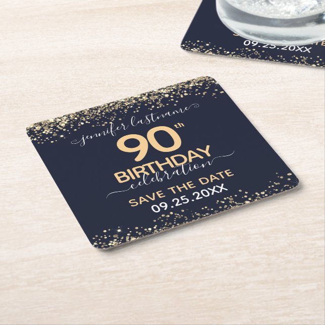 Gold Glitter 90th Birthday Save the Date Square Paper Coaster (Angled)