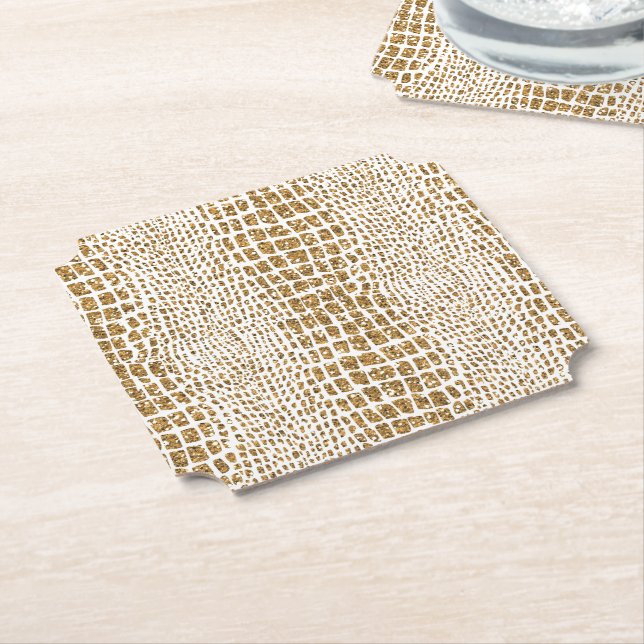 Gold Glitter Alligator Print Paper Coaster (Angled)