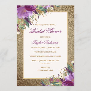 Gold Glitter Amethyst Purple Floral Bridal Shower Invitation