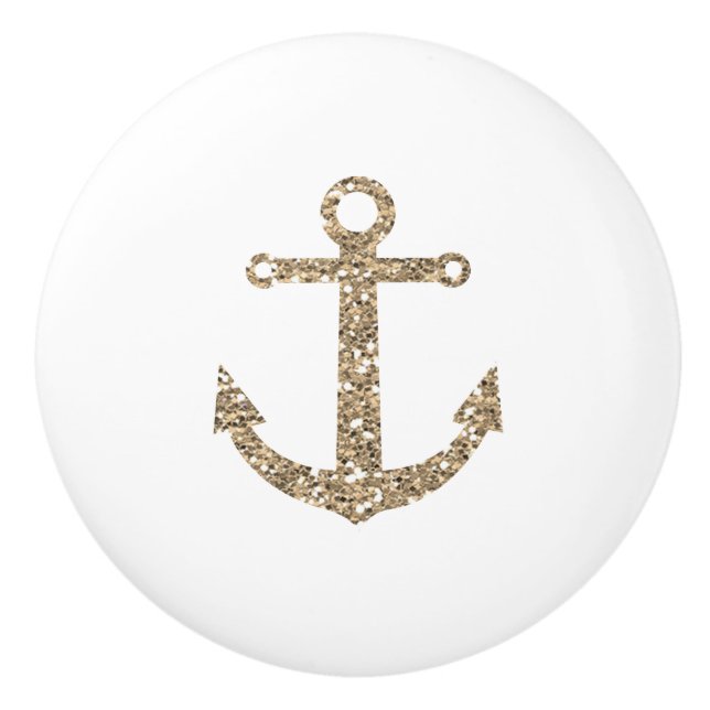 Gold Glitter Anchor Nautical Glam Modern Ceramic Knob (Front)