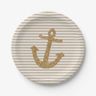 Gold Glitter Anchor Stripes Paper Plate