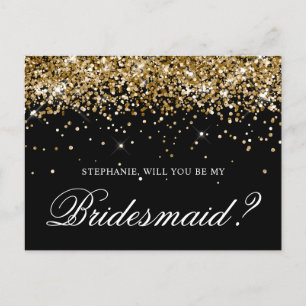 Gold Glitter and Black Bridesmaid Proposal Postcard