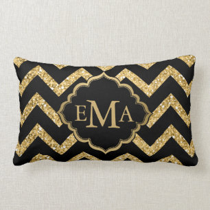 Gold Glitter And Black Chevron Lumbar Cushion
