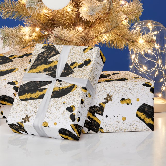 Gold Glitter and Black Christmas Tree Pattern Wrapping Paper (Holidays)