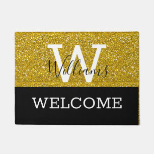 Gold Glitter And Black Monogram Name Wedding Doormat