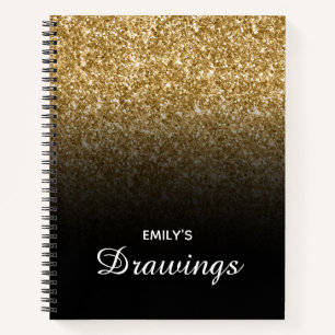 Gold Glitter and Black Ombre Personalised Drawing Notebook