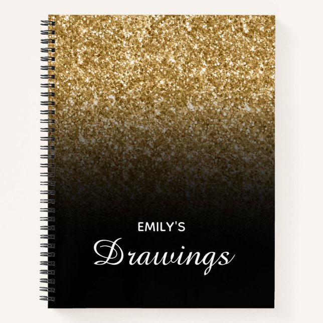 Gold Glitter and Black Ombre Personalised Drawing Notebook (Front)