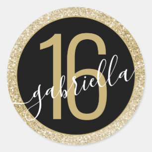 Gold Glitter and Black Personalised Birthday Classic Round Sticker