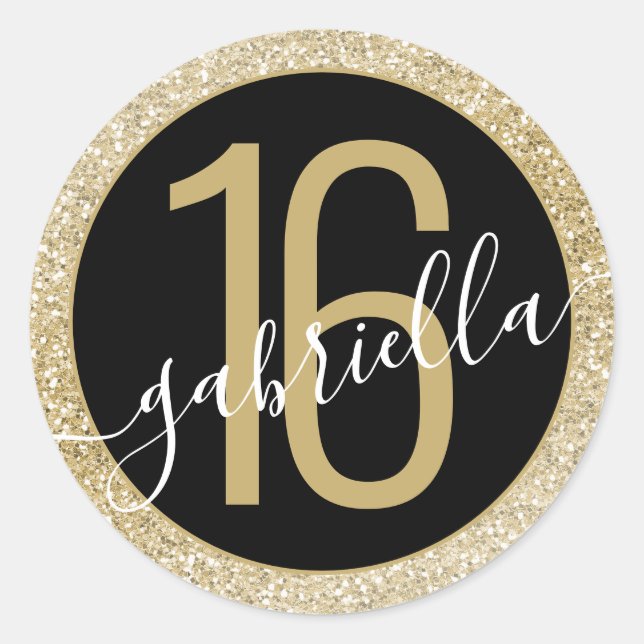 Gold Glitter and Black Personalised Birthday Classic Round Sticker (Front)