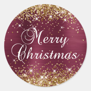 Gold Glitter and Burgundy Foil Merry Christmas Classic Round Sticker