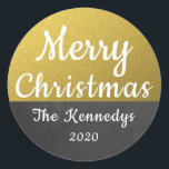 Gold Glitter And Chalkboard Merry Christmas Classic Round Sticker<br><div class="desc">Stylish and trendy gold glitter Christmas envelope seals. Personalise with family name and year.</div>