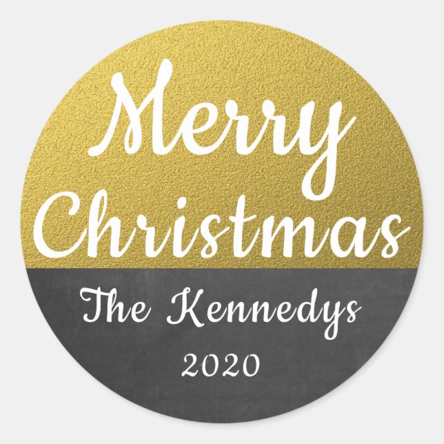 Gold Glitter And Chalkboard Merry Christmas Classic Round Sticker (Front)