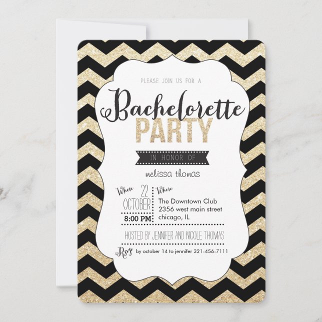 Gold Glitter and Chevron Bachelorette Invitation (Front)